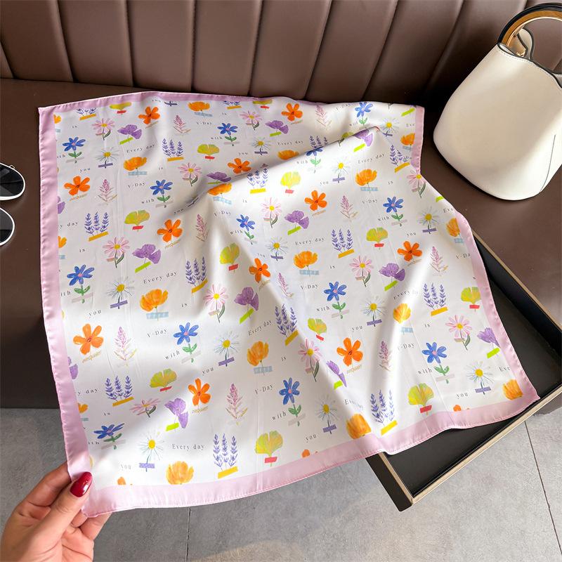 Korean Style Printed Silk Like Square Scarf For Women Sun Protection