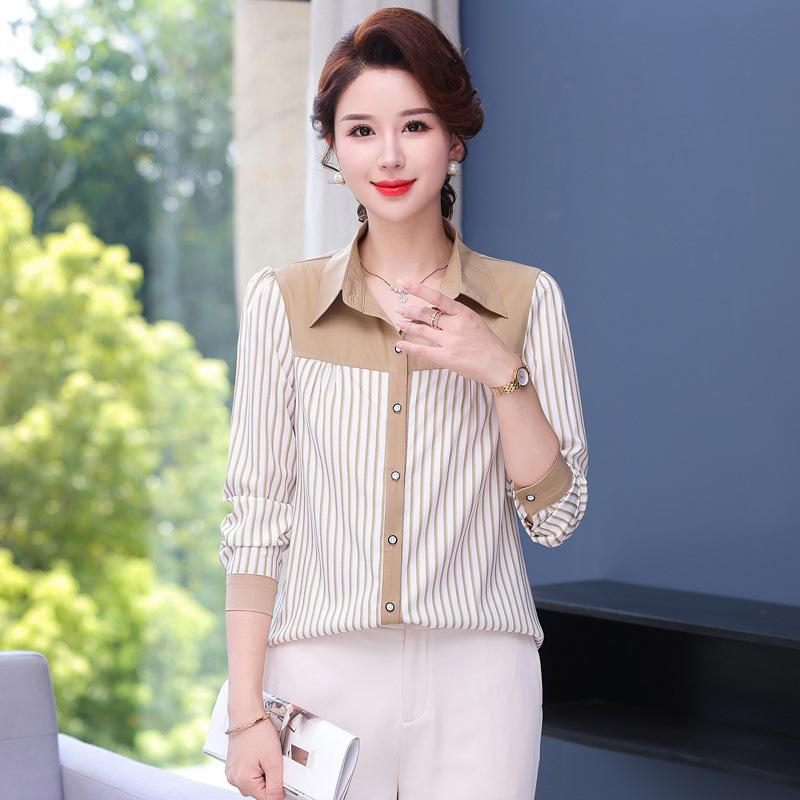 YYFS Women's Fashion Casual Spring Autumn Stripe Print Long Sleeve POLO Neck Blouses & Shirts
