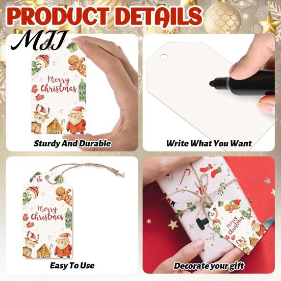 Small Paper Labels 50 Pcs Christmas Gift Tags, Merry Thick with Tree Ornaments Jute Rope for Holiday Wrapping, DIY Crafts, New Year Party Favors