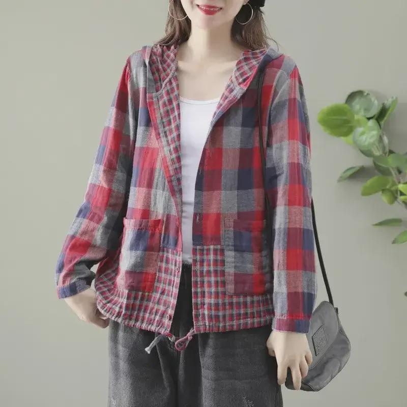 Women's Retro Plaid Hooded Cardigan Shirt
