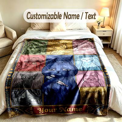 Cat Theme Soft Blanket Personalized Custom Name Text Print Warm Blanket Home Sofa Bedroom Decor