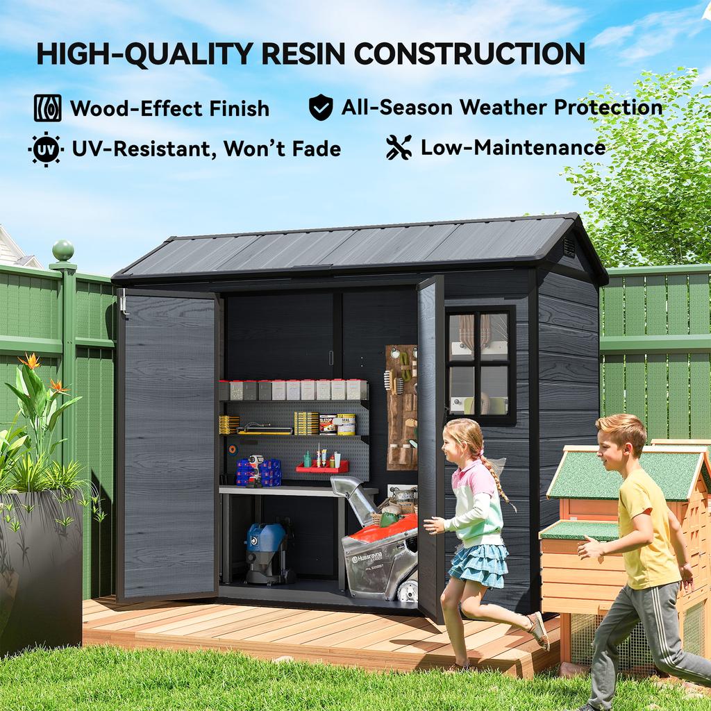 8 X 4 Ft Resin Garden Shed, Wood-Effect Outdoor Storage Shed with Floor, Windows, Lockable Doors and Vents, Dark Grey