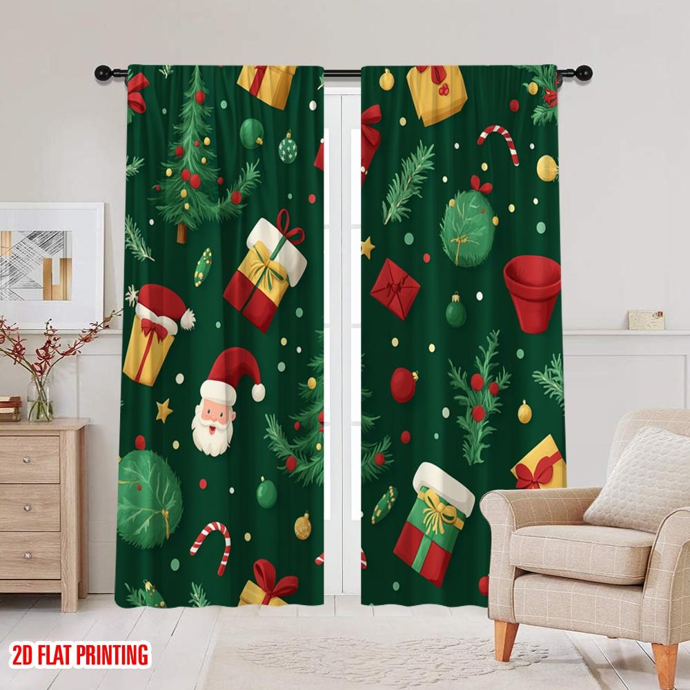 2pcs,2D Plane Printing Minimalist Curtains Christmas Tree Gift Present Holiday (3) Polyester Fabric (without Rod) Home Decor