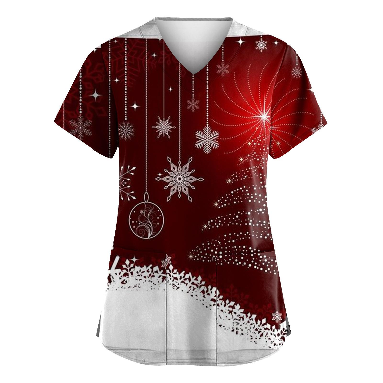 

Женская мода с v-образным вырезом, короткими рукавами и карманами, топы с принтом S винный