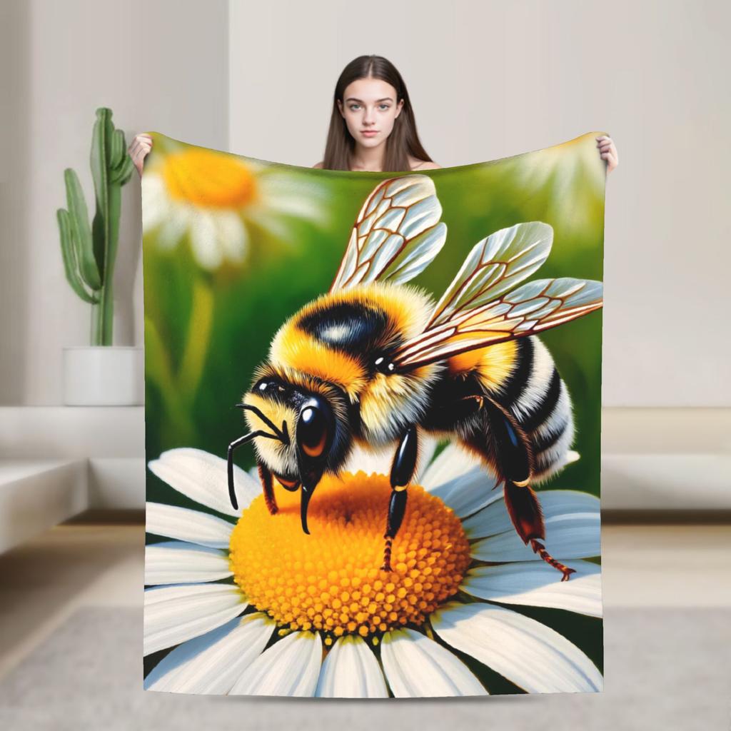 Bee and Flowers Flannel Blanket Adults Child Warm Bedding Throws Winter Home Decor Bedspread Sofa Bed Cover