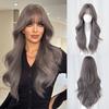 Women’s Natural Black Tea Brown Long Curly Wig with Blunt Bangs Full Wig for Daily Wear