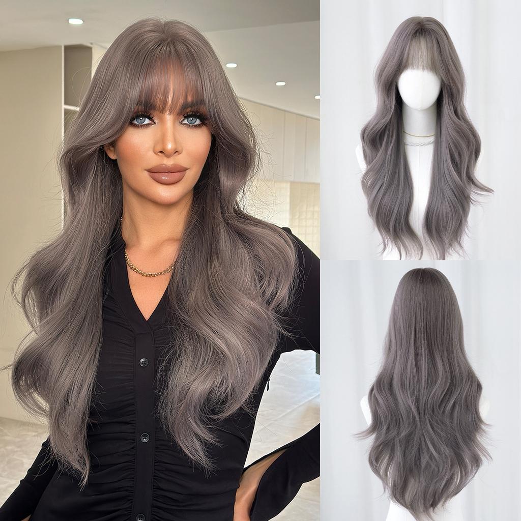 Women’s Natural Black Tea Brown Long Curly Wig with Blunt Bangs Full Wig for Daily Wear