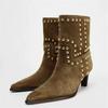Fashion Fashion Women Boots Autumn Winter Women Shoes Brown Pointed Rivets Short Boots Suede Western Cowboy Ankle Boots Botas Para Mujer