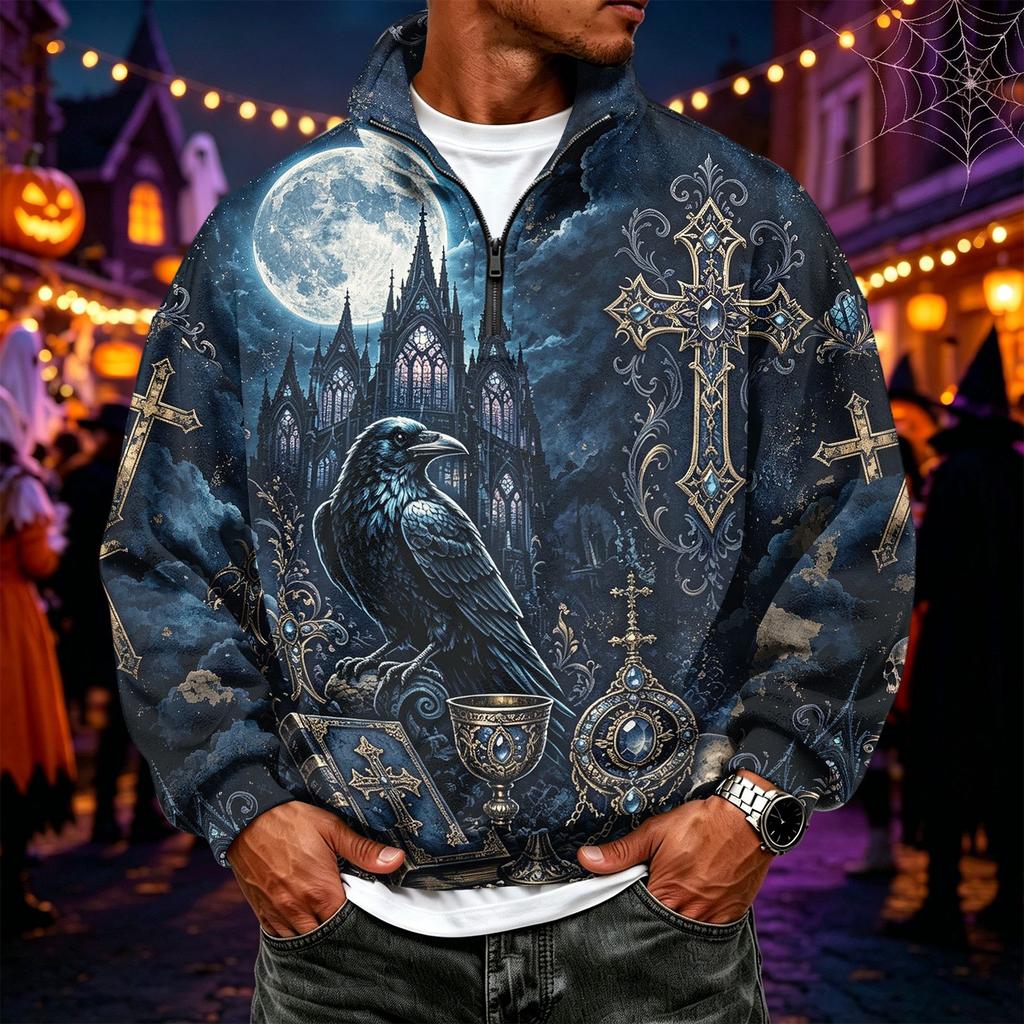 Men's Casual Flannel 1/4 Zip Long Sleeve Sweatshirt with Halloween Print
