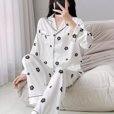 Damen Pyjama-Set aus bedruckter Eis-Seide: Revers, Lange Ärmel, Lange Hose, Hochwertige Hauskleidung für Herbst und Frühling