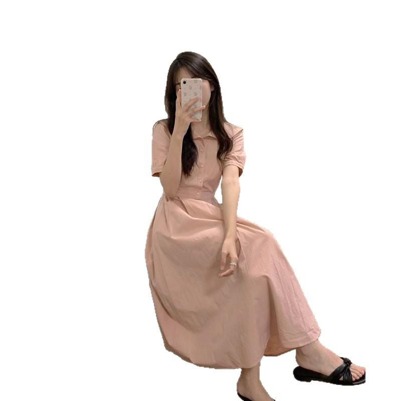 French Pink Doll Dress - Short Sleeve, Waist-Cinched, Slimming Long Dress