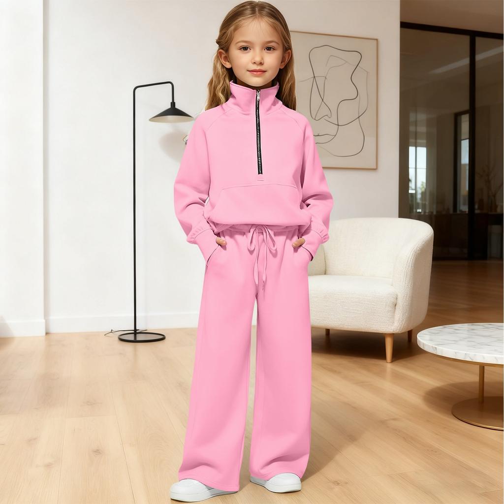 Girls' High,Neck Half,Zip Sweatshirt + Long Pants Sports Fleece Casual Children's Set