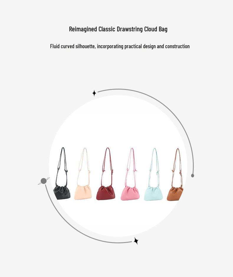 Women's 2026 New Korean Style Lambskin Cloud Bag: Fashionable Pleated Design, Versatile Drawstring, Single Shoulder, Crossbody Bag.
