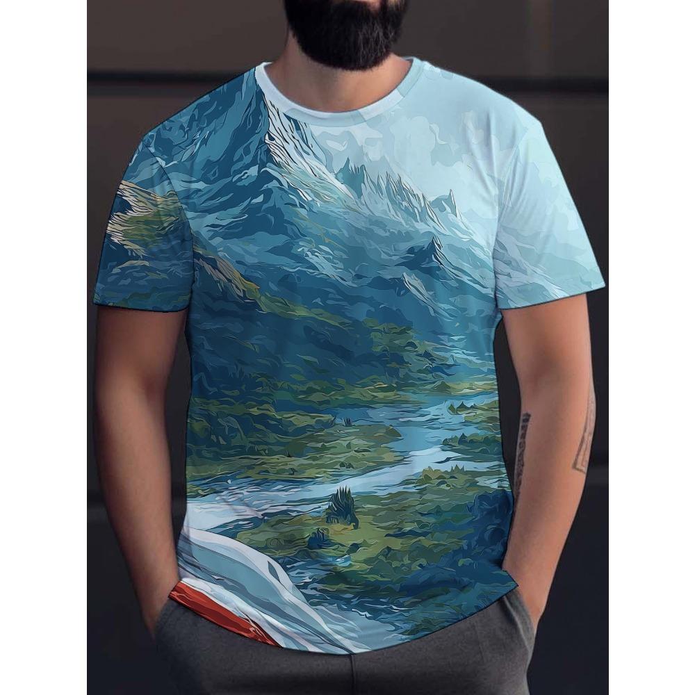Men s fully sealed 3D digital printed T-shirt - Blue-green landscape design - Lightweight summer T-shirt S