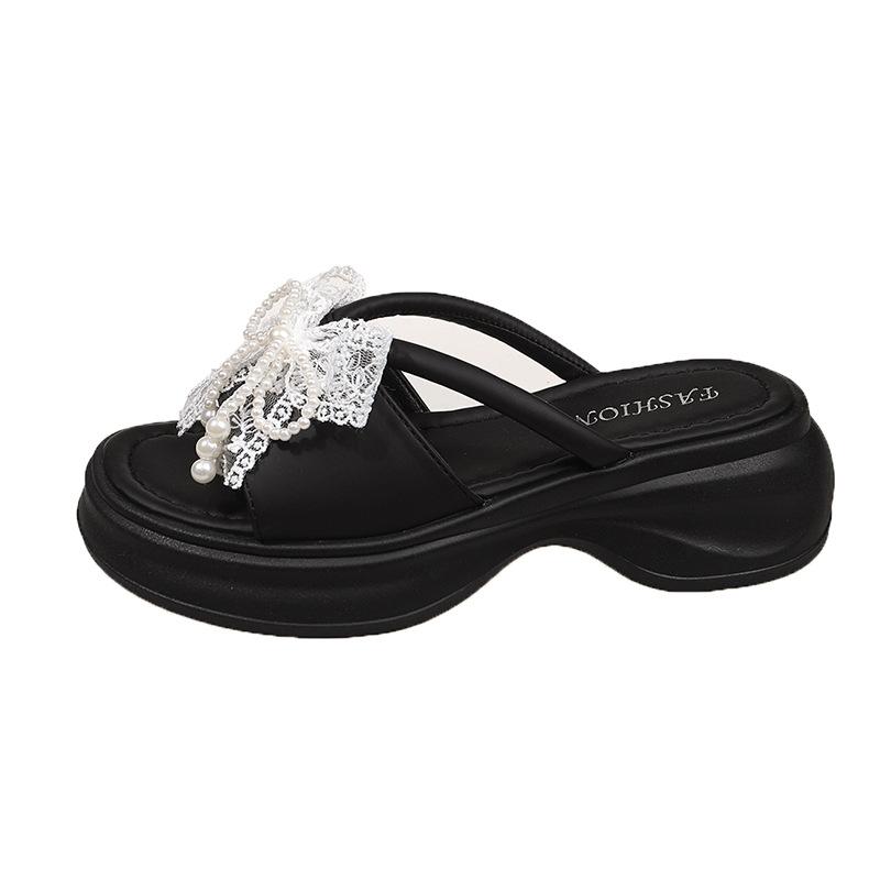 High-heeled slippers thick-heeled French pearl half slippers 2025 new summer lazy one-pedal cool slippers women's shoes