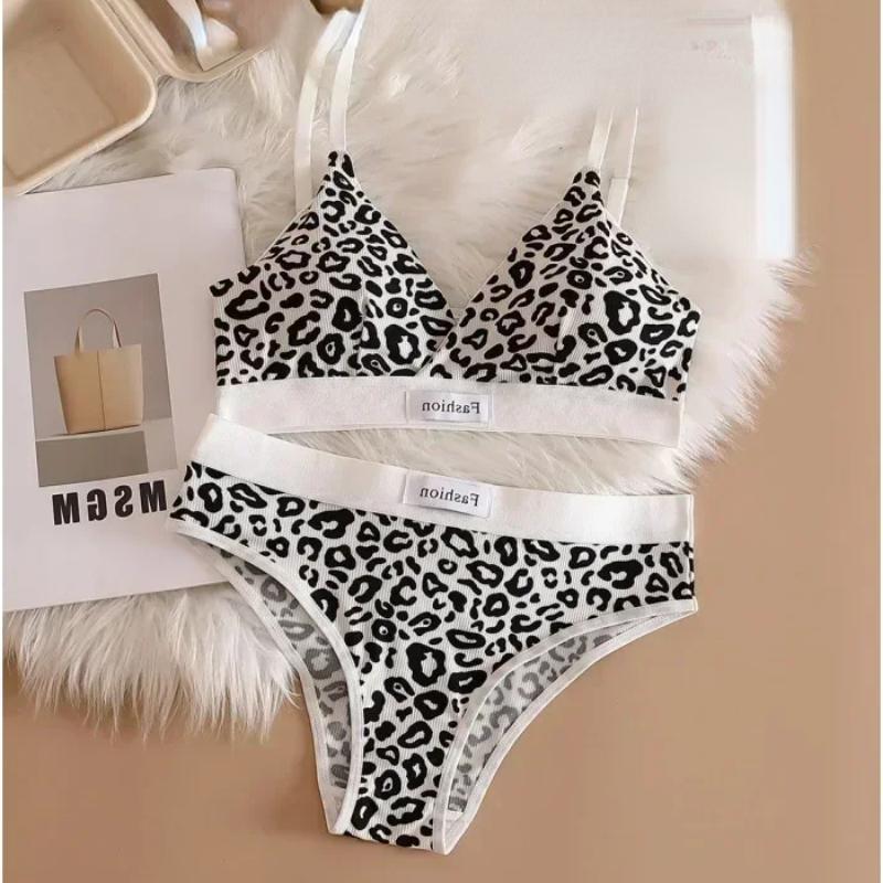 Damen Nahtloses BH-Set Slips Tiefer Bund Leopard Bralette Lingerie-Set V-Ausschnitt Sport-BH Baumwolle Sexy Unterwäsche-Set