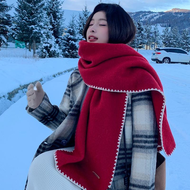 Premium sense including wool red knitted scarf women's new winter atmosphere thickened warm scarf
