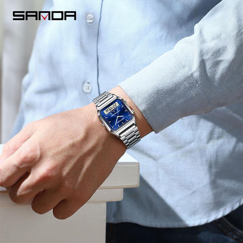 SANDA 747 Quartz Digital 5bar Waterproof Casual Fashion Unisex Watch Stainless Steel Strap Square Dial Men's Electronic Watches
