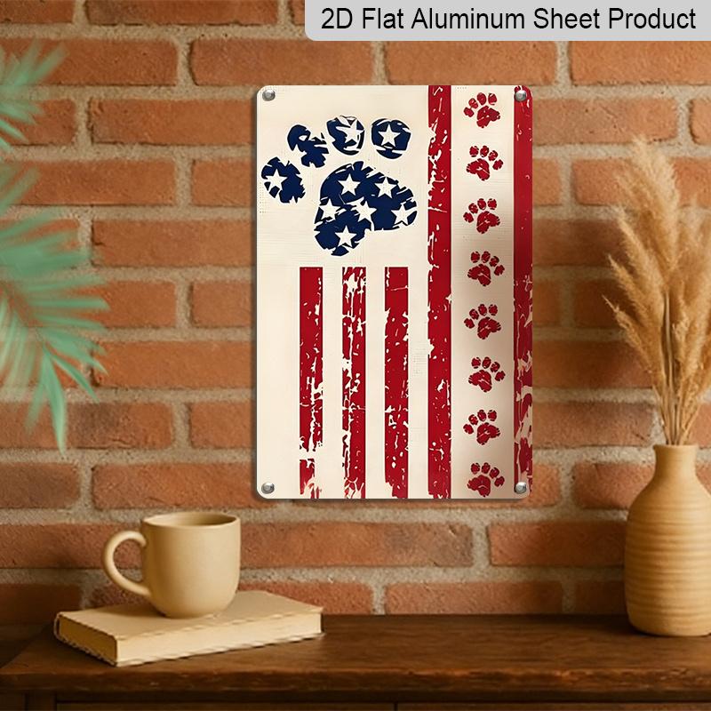 2D Flat Patriotic Dog Paw Print Metal Sign, 8×12 Inch Aluminum Wall Art, Vibrant Stars and Stripes Design, Durable Decor for Pet Lovers, Memorial Day