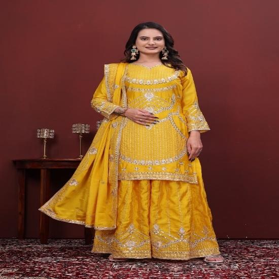 Vibrant Yellow Embroidered Sharara Suit Set with Dupatta S