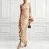 Women's Color Satin Off Shoulder Ruched Irregular Hem Dress for Cocktail Party