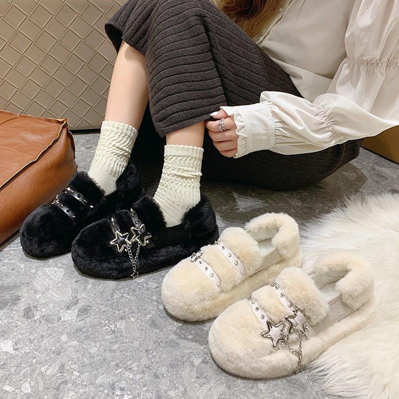 Fashion 2024 New Winter Women Slippers Warm Plush Outside Ladies Shoes Soft Thick Sole Home Non-slip Slides Fluffy Platform Cotton Shoes