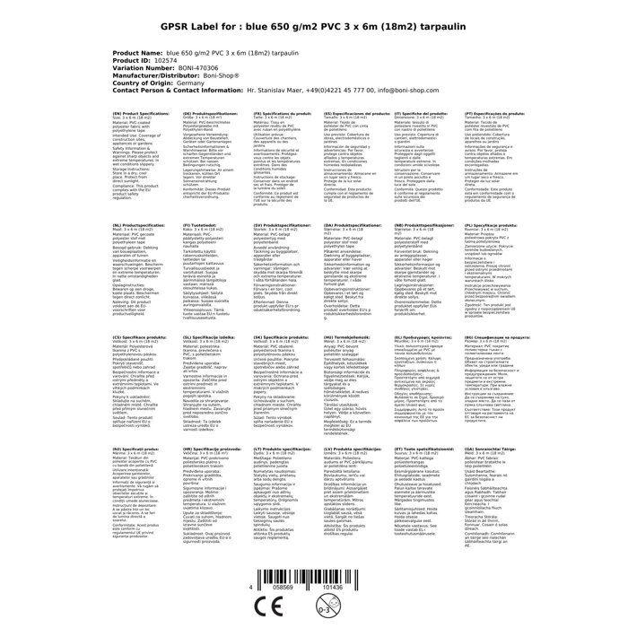 Bâche PVC 3x6m Bleue 650g/m² (18m²) - Imperméable et Anti-UV