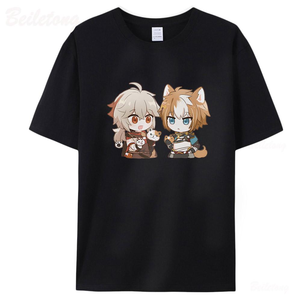 Genshin Impact Kaedehara Kazuha T Shirts Men Women Short Sleeve Unisex Tees100% Cotton Summer Streetwear Print O-Neck Black Tops