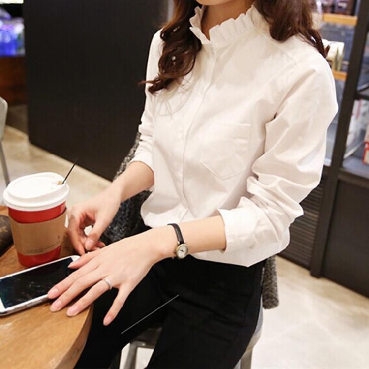 New Women's White Ruffle Edge Standing Collar Long Sleeved Professional Shirt Women's Loose Top