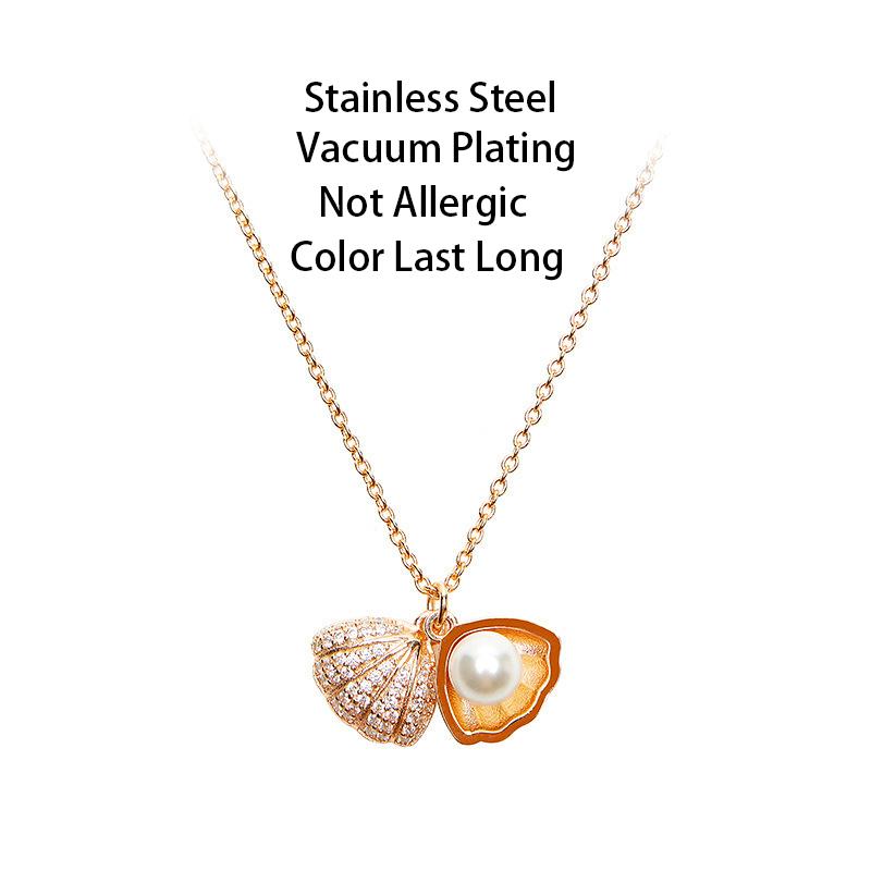 Korean Sweet Zircon Inlaid Open Pearl Shell Pendant Women Necklace Female Stainless Steel Party Jewelry Ladies Neck Chain