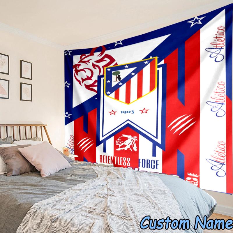 Custom Name Atletico Football Crest Tapestry Accessories for Bedroom,Livingroom, dormitory Room Wall Hanging Decor, Fan Birthday Gifts