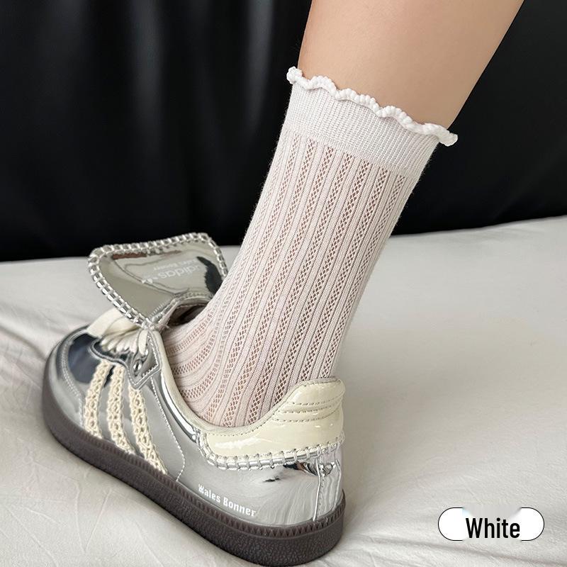 Women's Cotton Breathable Mesh Lace Socks - Elastic, Seamless, Sweat-Absorbent, Mid-Calf Length