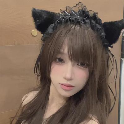 Schwarzes Spitzen-Stirnband mit Katzenohren und Glöckchen - Lolita-Haar-Accessoire