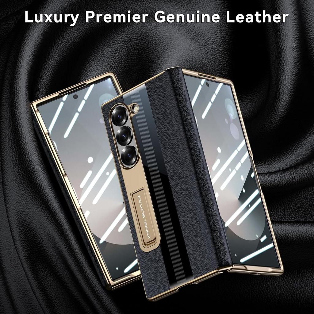 for Samsung Galaxy Z Fold 6 Phone Case [Luxury Premier Genuine Leather] [Full Body Hinge Protection] [Built-in Screen Protector] [Kickstand Slim
