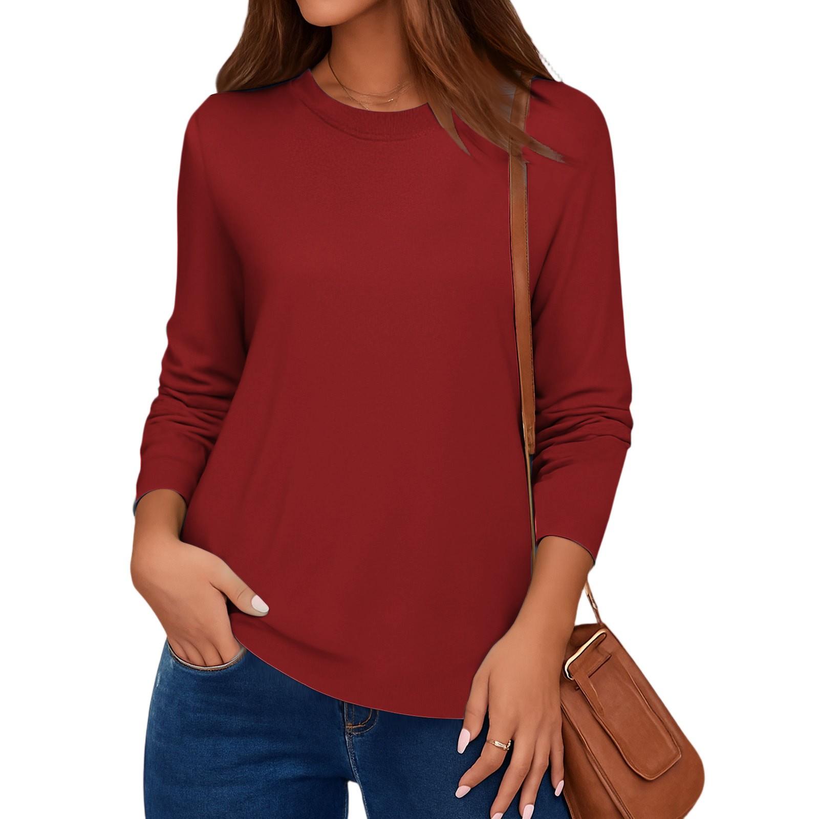 

Women Top Long Sleeve T-Shirts Blouses O Neck Fit Top Spring Fashion Tunic Basic Tops L винний