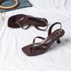 Women's Wine Red Square-Toe Thong High Heels with Ankle Strap and Thin Heel for Summer