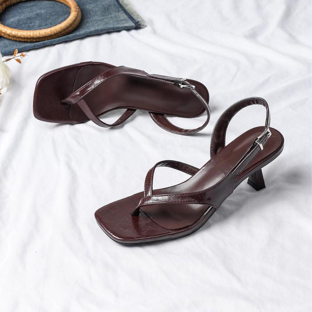 Women's Wine Red Square-Toe Thong High Heels with Ankle Strap and Thin Heel for Summer