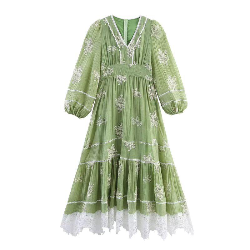 

Kaslead New Women clothes Western Style French style Style Embroidery Patchwork Edge V-neck Waist Hugging Long dress Green XL