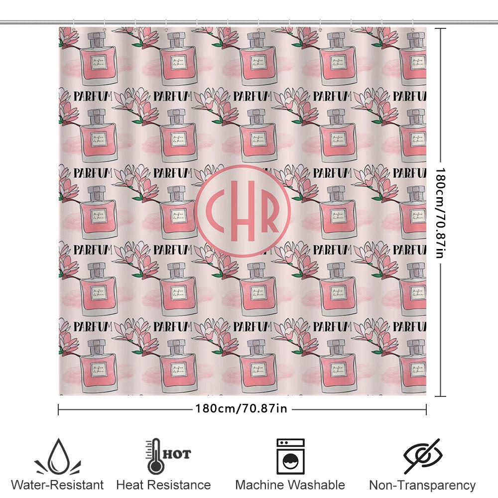 Cute Parfum Pattern Shower Curtain With Monogrammed Initials For Bathroom Decor Pink White Floral Design, Custom Size Available