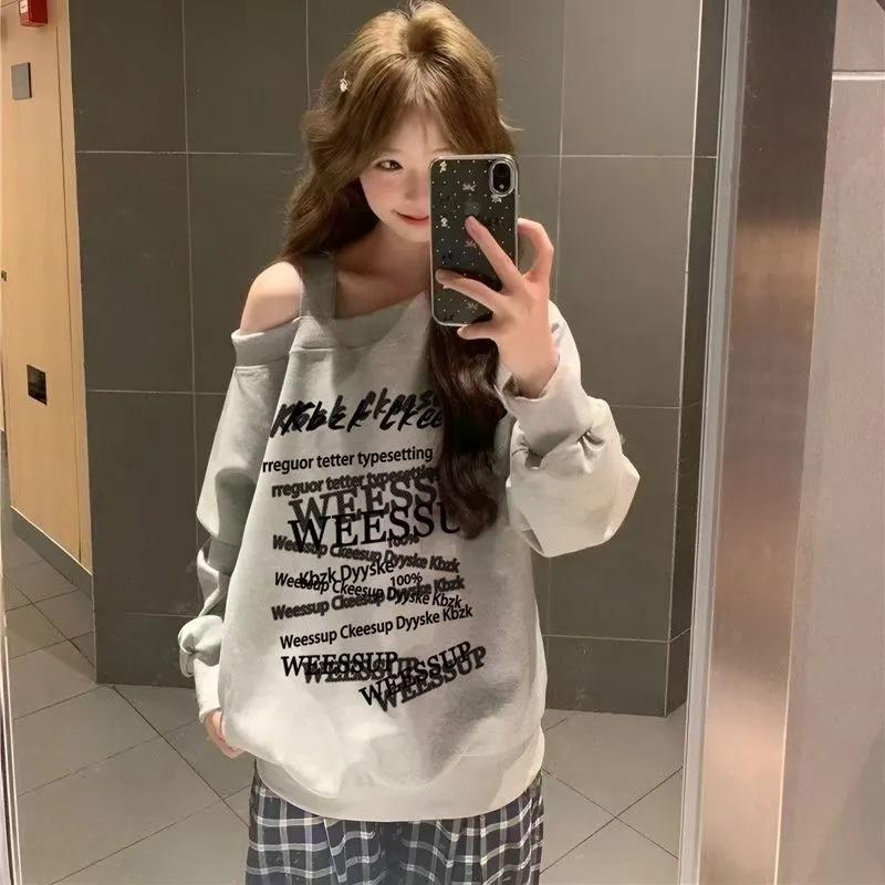 

Pure Cotton Letter Print Slanted Shoulder Sweatshirt Autumn Small Number Pamine Long Sleeve Fresh Temperament Loose Top Trendy 2XL сірий