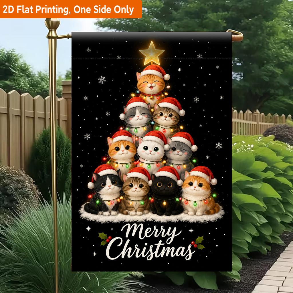 2D Flat - 2D Flat Printing Garden Flag 1pc, Holiday Cats Wearing Santa Hats Durable Single-Sided Print Yard Flag, Garden & Home Holiday Decoration, 29