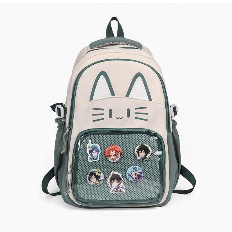 Cat Pattern Student Backpack With Transparent Compartment And Badge For Daily Use