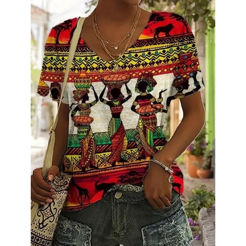 New Casual High-quality Retro Style 3D Women's Short Sleeved V-neck T-shirt