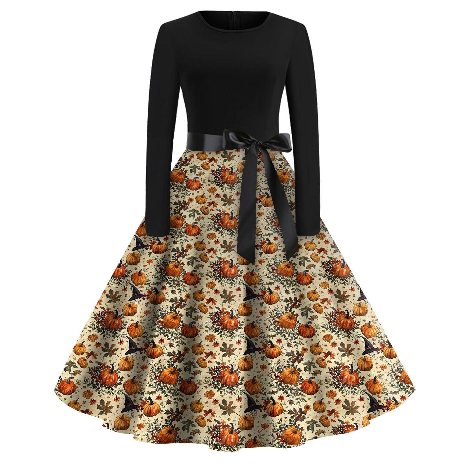 

Женское модное платье с V-образным вырезом, повседневное, приталенное, с принтом на Хэллоуин, с длинным рукавом S бежевый