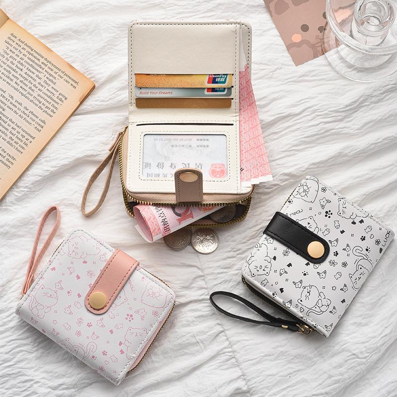 Cute Kitten Japanese Women's Snap Coin Pocket Short Wallet with Strap and Card Holder