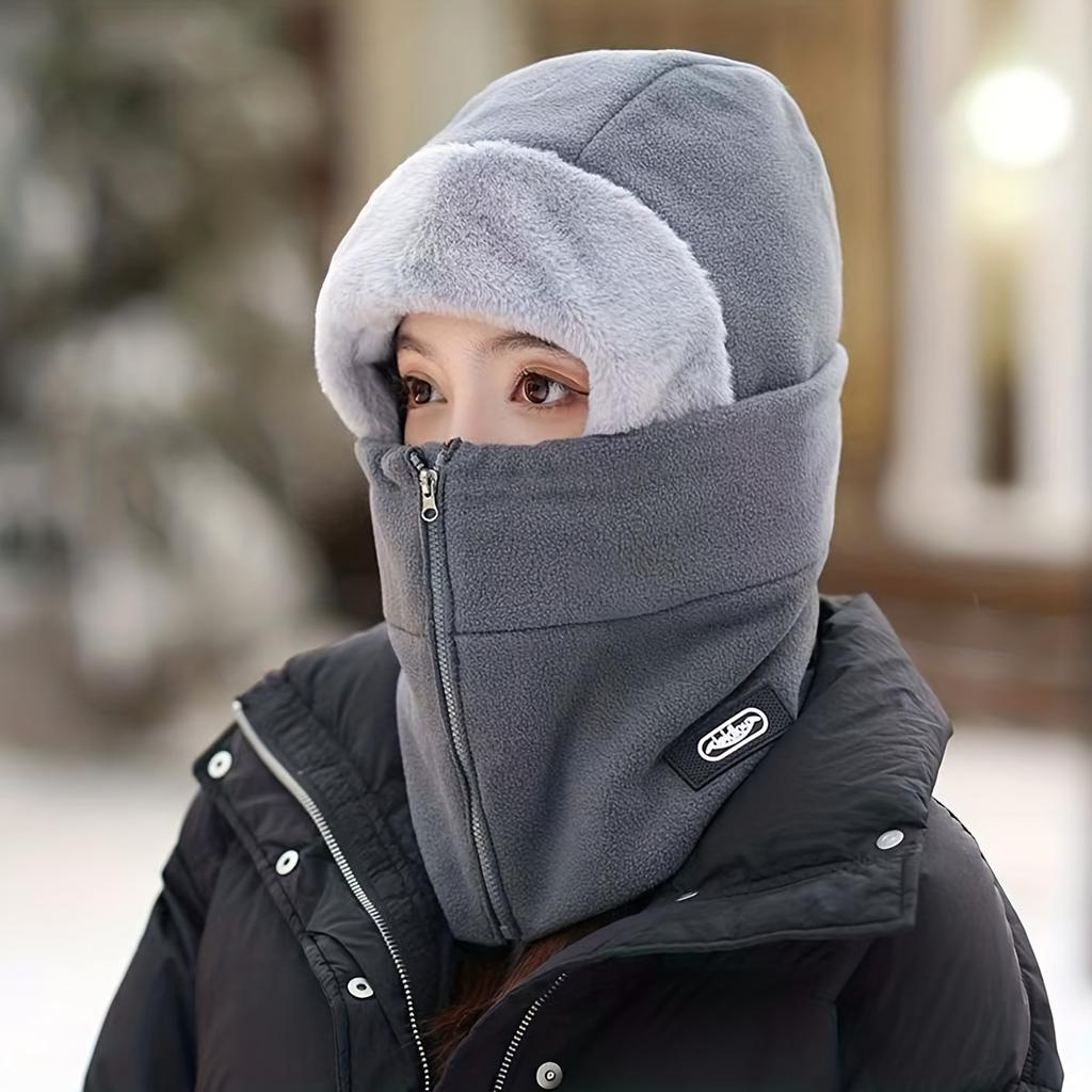 A Personalized Custom Name Hat, Winter Ear Protection Windproof Warm Hat, Thickened Hooded Neck Warmer with Zipper Closure, Face Mask Cycling Hat