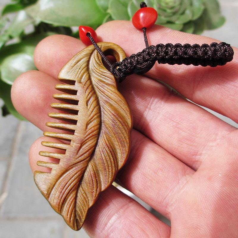 Engraved Green Sandalwood Comb - Black Gold Carved Design, Gift Box Included