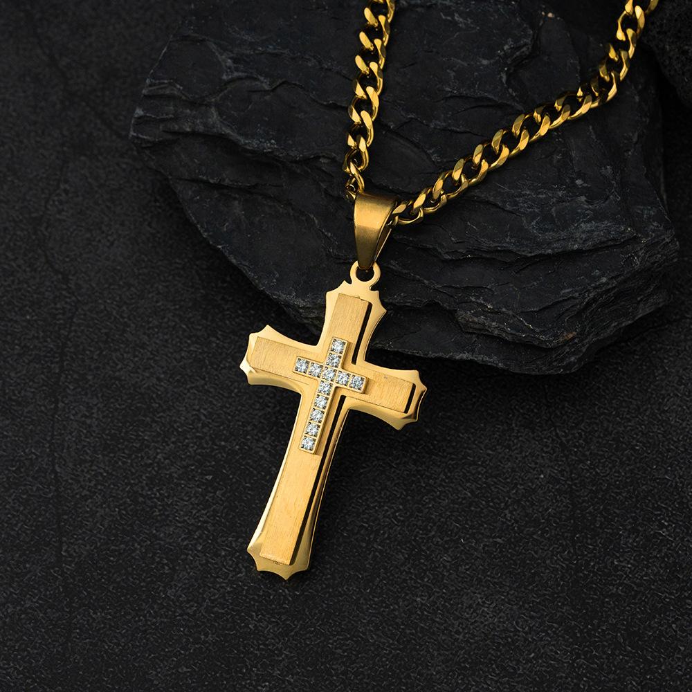 European and American Double-layer Three-dimensional Cross Pendant Punk Trendy Men s Titanium Steel Necklace 60CM