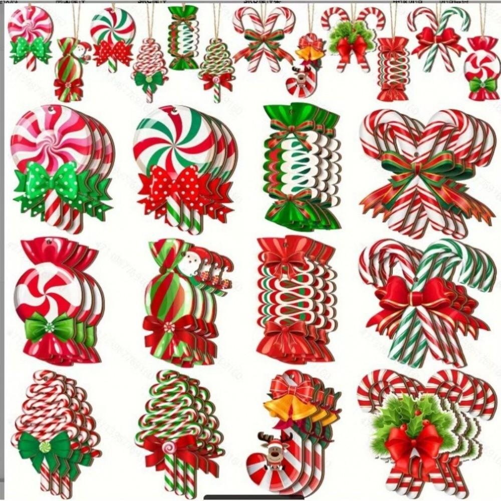 12/24Pcs Fun Wooden Christmas Tree Decoration Candy Cane DIY Xmas Pendant Hanging Red Hanging Ornaments New Year