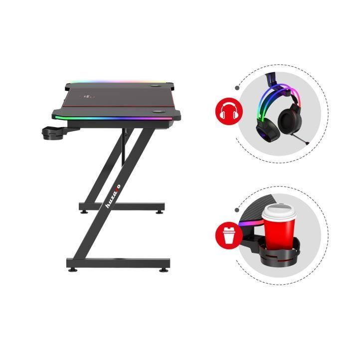 Bureau Gaming HUZARO Hero 4.8 Noir RGB - Éclairage LED, Plateau 160 Cm, Finition Carbone, Supports Casque Et Gobelet, Ergonomique